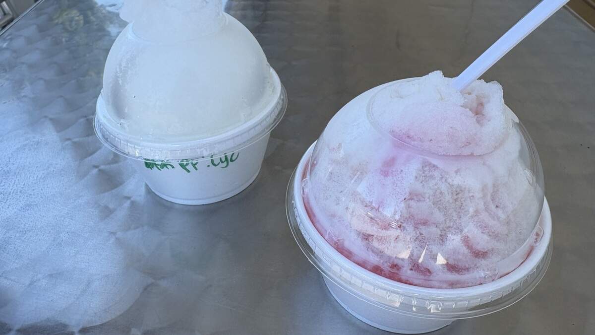 Two servings of shave ice from Water & Salt served on July 8, 2026.